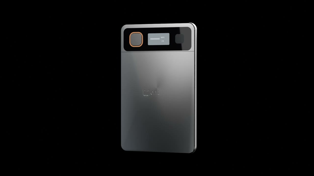 A rendering of chit one turning slowly in the dark — the card, its black display band and the record key catching one light.